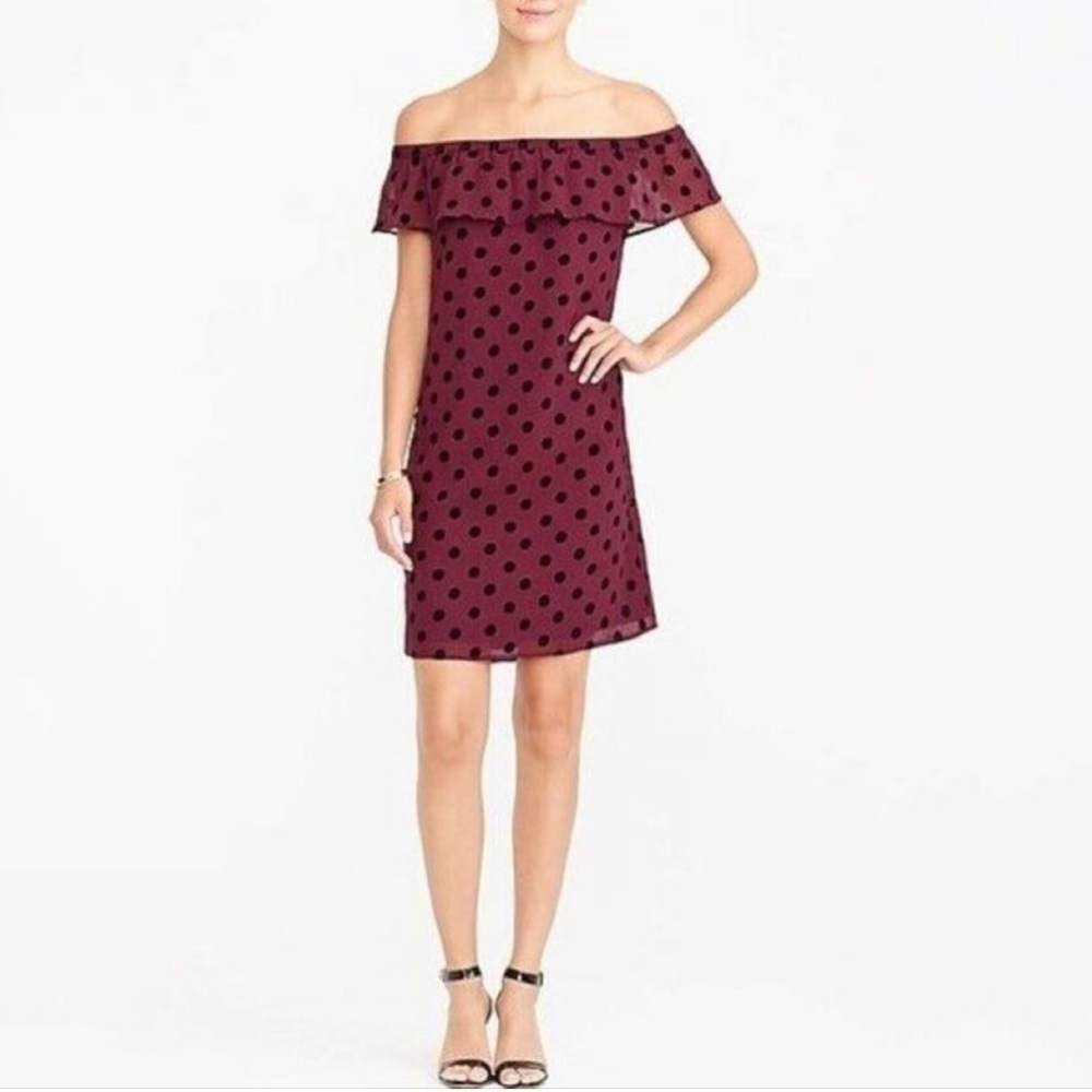 NWT J. Crew Factory Ruffle Off Shoulder Polka Dot Dress Cabernet/Black